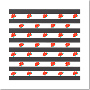 Red Rose Black and White Striped Pattern Posters and Art